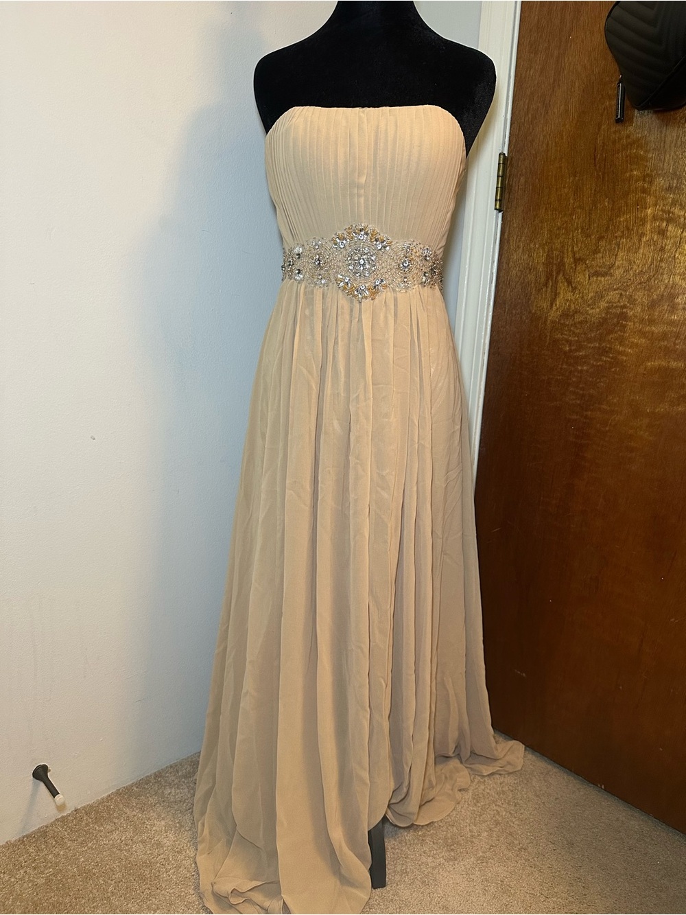 May Queen Strapless Champagne Embellished Waist Evening Gown
